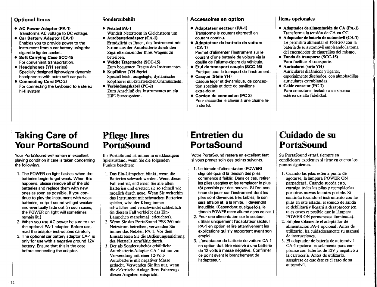 Optional items, Sonderzubehör, Accessoires en option | Ítems opcionales, Taking care of your portasound, Pflege ihres portasound, Entretien du portasound, Cuidado de su portasound | Yamaha PSS-260 User Manual | Page 16 / 20