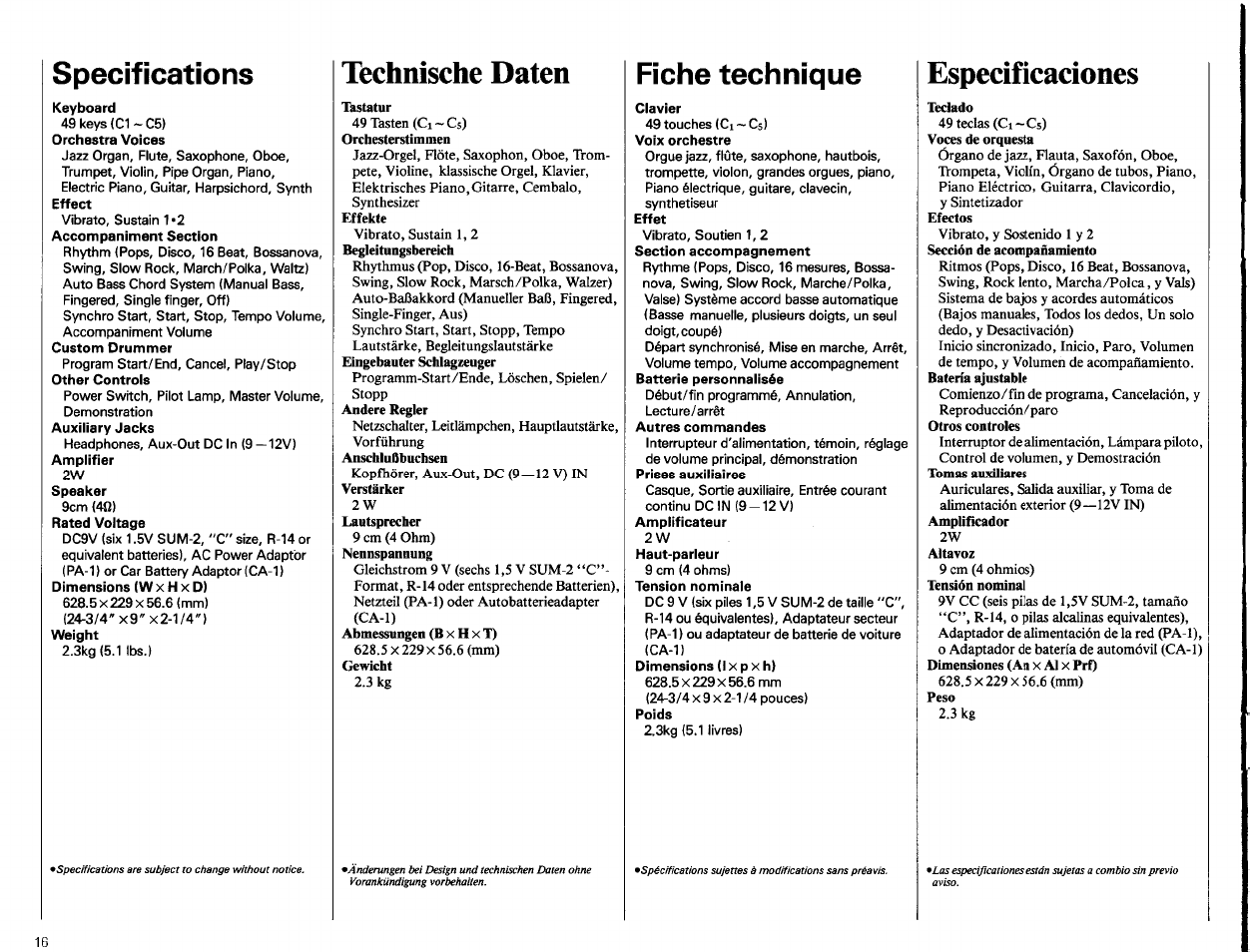 Technische daten, Especificaciones, Specifications | Fiche technique | Yamaha PSS-260 User Manual | Page 18 / 20