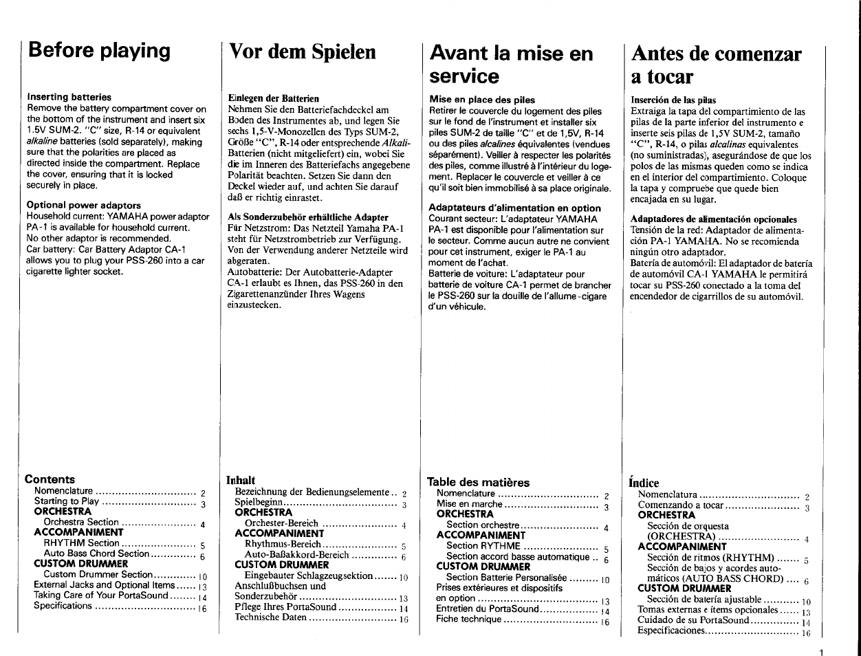 Before playing, Inserting batteries, Optional power adaptors | Vor dem spielen, Avant la mise en service, Mise en place des piles, Adaptateurs d'alimentation en option, Antes de comenzar a tocar | Yamaha PSS-260 User Manual | Page 3 / 20
