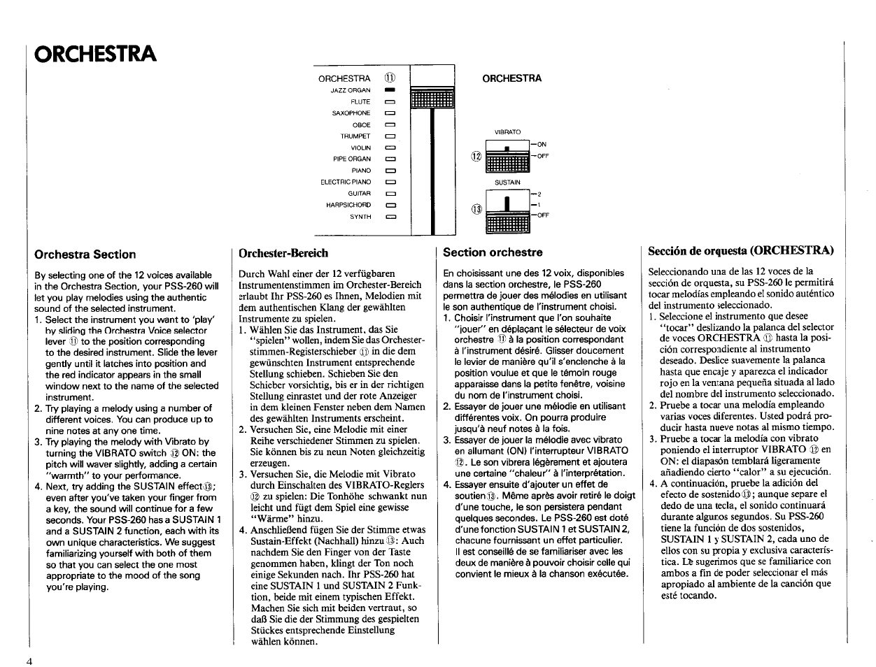 Orchestra, Orchestra section, Orchester-bereich | Section orchestre, Sección de orquesta (orchestra), Orchestra) | Yamaha PSS-260 User Manual | Page 6 / 20