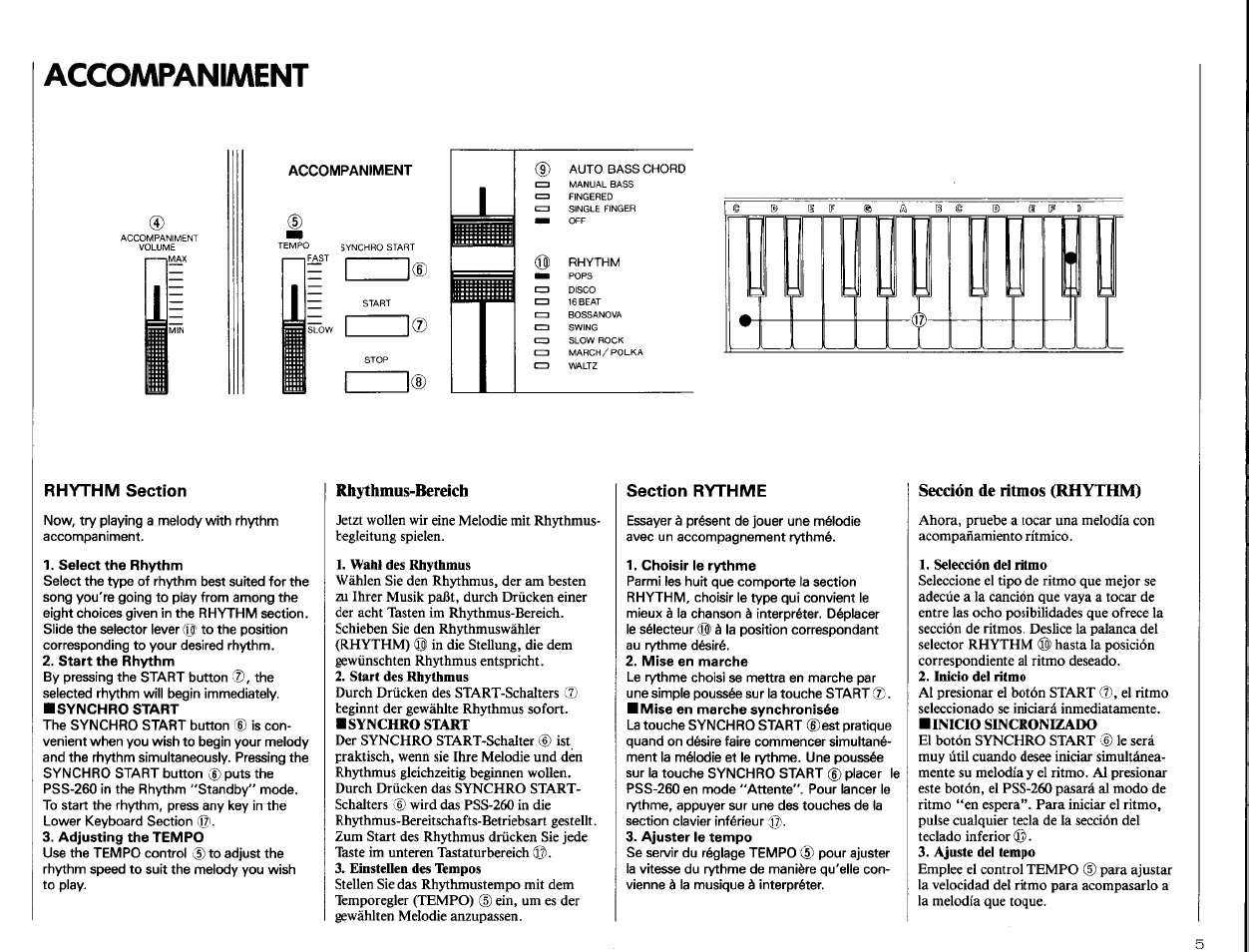 Accompaniaaent, Rhythm section, Rhythmus-bereich | Section rythme, Sección de ritmos (rhythm) | Yamaha PSS-260 User Manual | Page 7 / 20