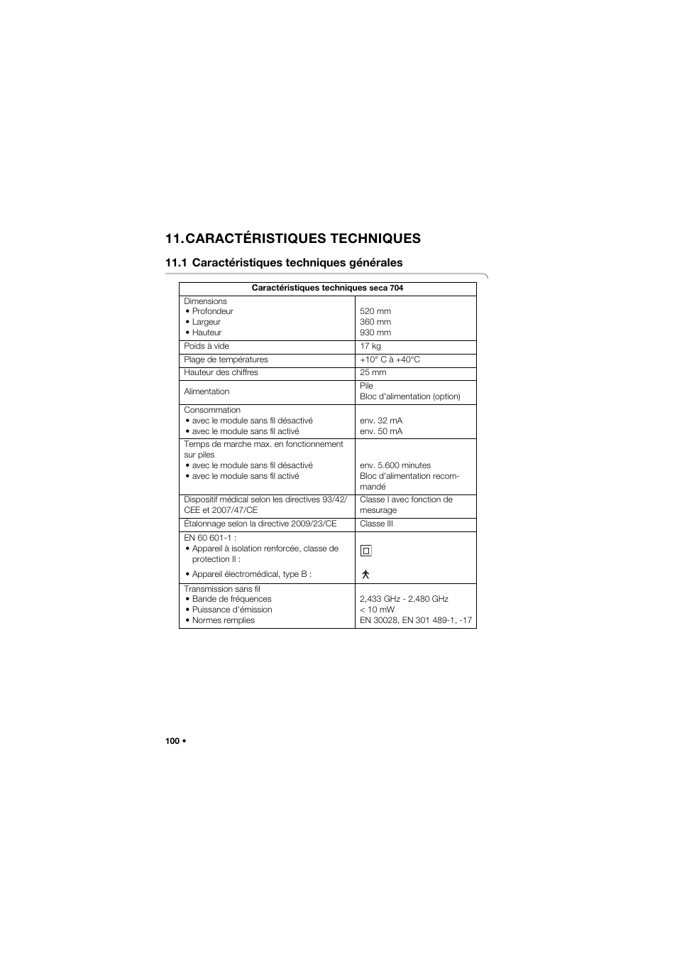 Caractéristiques techniques, 1 caractéristiques techniques générales, 1 caractéristiques techniques | Générales | Seca 704 User Manual | Page 100 / 443