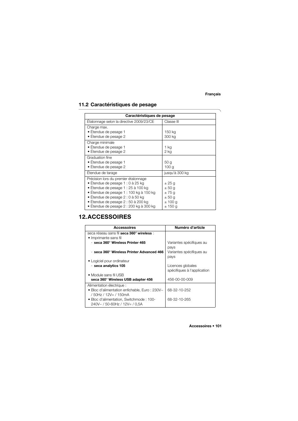 2 caractéristiques de pesage, Accessoires | Seca 704 User Manual | Page 101 / 443