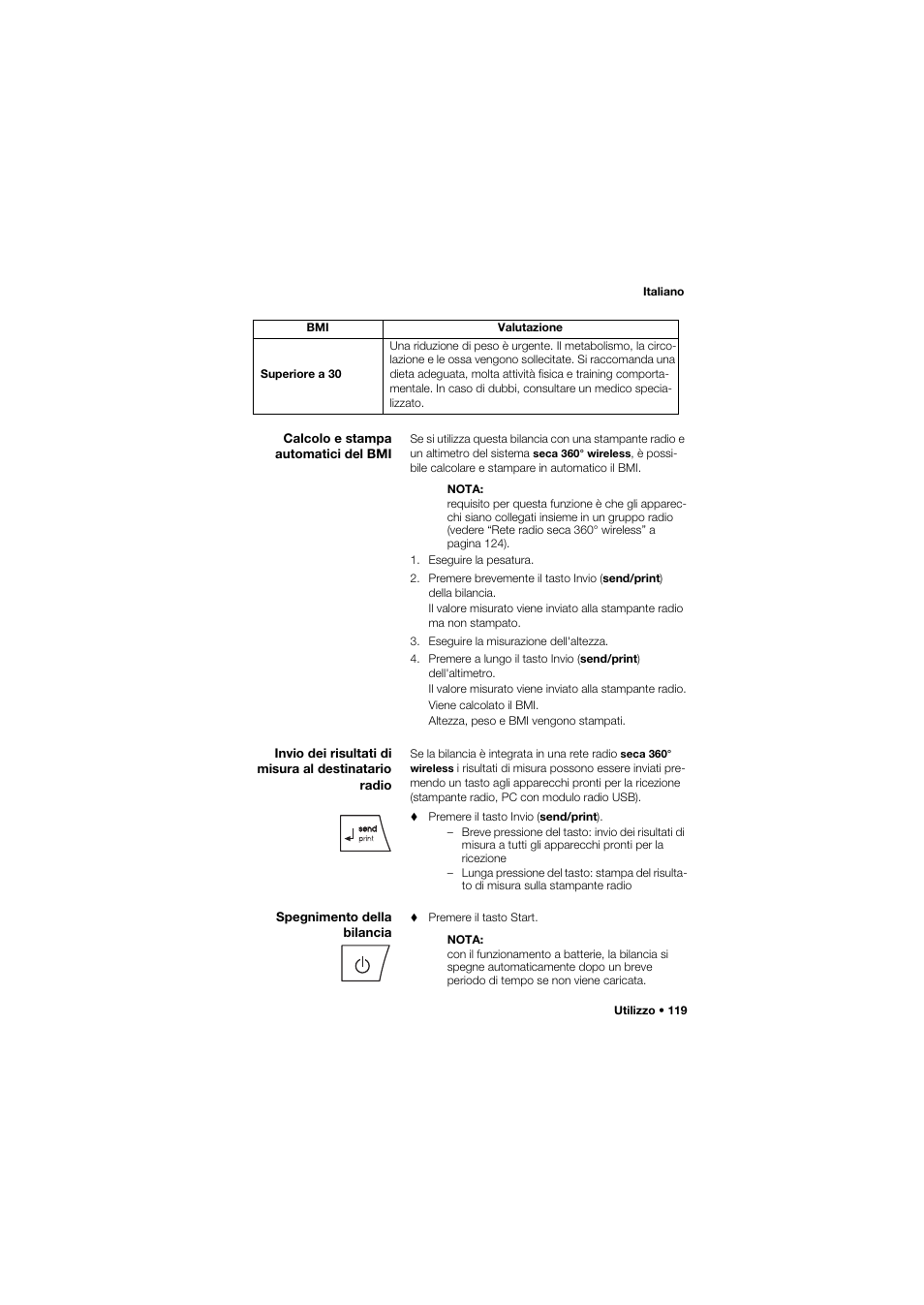 Calcolo e stampa automatici del bmi, Spegnimento della bilancia, 119 spegnimento della bilancia | Seca 704 User Manual | Page 119 / 443
