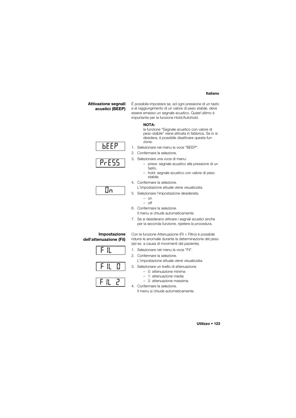 Attivazione segnali acustici (beep), Impostazione dell'attenuazione (fil) | Seca 704 User Manual | Page 123 / 443