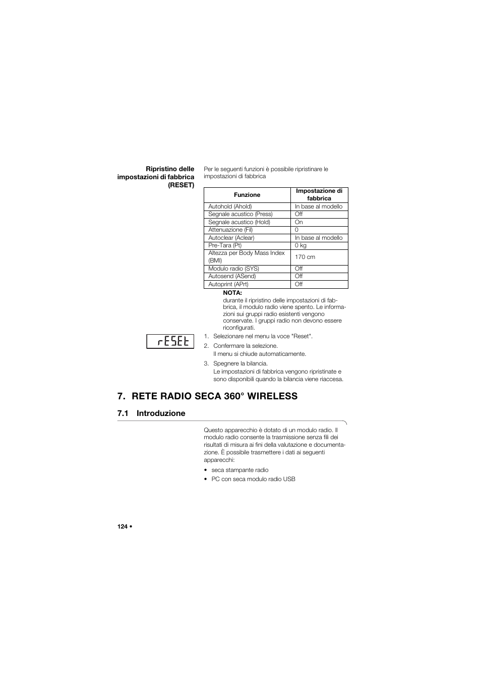 Ripristino delle impostazioni di fabbrica (reset), Rete radio seca 360° wireless, 1 introduzione | Seca 704 User Manual | Page 124 / 443