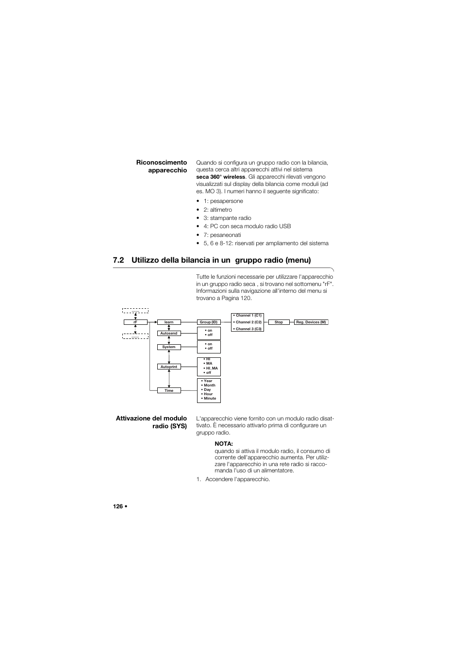 Riconoscimento apparecchio, Attivazione del modulo radio (sys), 2 utilizzo della bilancia in un | Gruppo radio (menu) | Seca 704 User Manual | Page 126 / 443