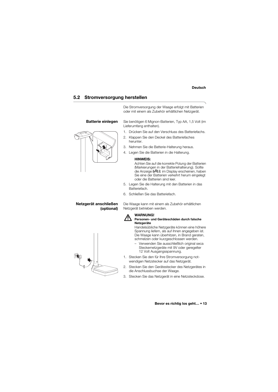2 stromversorgung herstellen, Batterie einlegen, Netzgerät anschließen (optional) | Seca 704 User Manual | Page 13 / 443