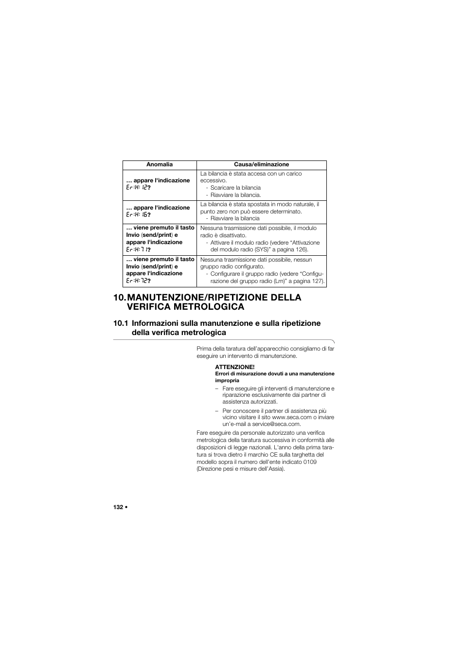 Manutenzione/ripetizione della, Verifica metrologica, 1 informazioni sulla manutenzione | E sulla ripetizione della verifica metrologica | Seca 704 User Manual | Page 132 / 443