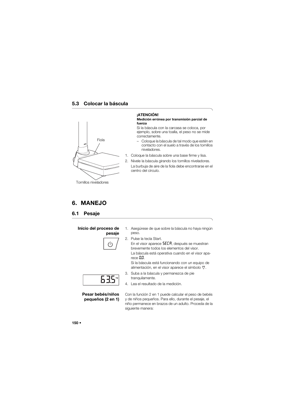 3 colocar la báscula, Manejo, 1 pesaje | Inicio del proceso de pesaje, Pesar bebés/niños pequeños (2 en 1), 150 pesar bebés/niños pequeños (2 en 1) | Seca 704 User Manual | Page 150 / 443