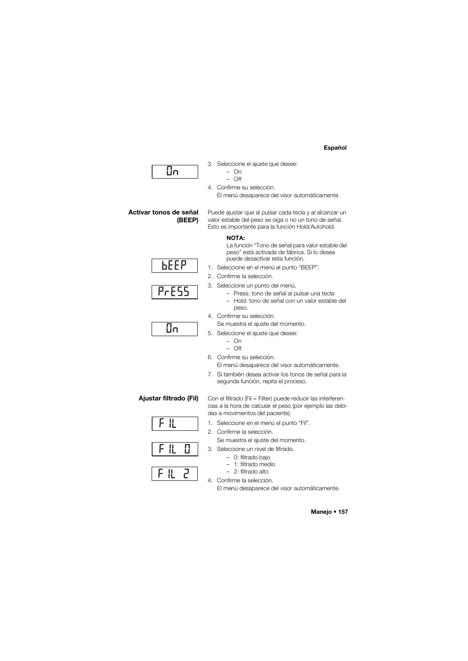 Activar tonos de señal (beep), Ajustar filtrado (fil), 157 ajustar filtrado (fil) | Seca 704 User Manual | Page 157 / 443