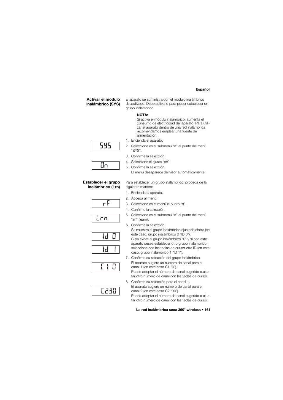 Activar el módulo inalámbrico (sys), Establecer el grupo inalámbrico (lrn) | Seca 704 User Manual | Page 161 / 443