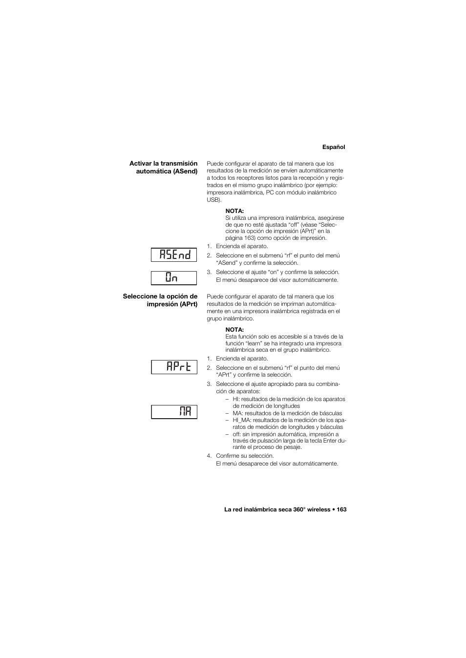 Activar la transmisión automática (asend), Seleccione la opción de impresión (aprt) | Seca 704 User Manual | Page 163 / 443