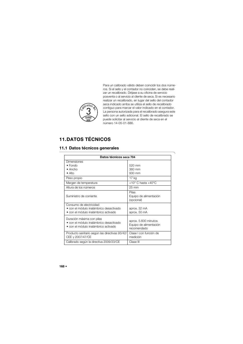 Datos técnicos, 1 datos técnicos generales | Seca 704 User Manual | Page 168 / 443