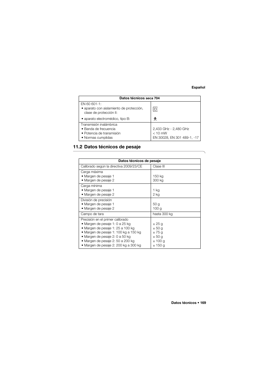 2 datos técnicos de pesaje | Seca 704 User Manual | Page 169 / 443