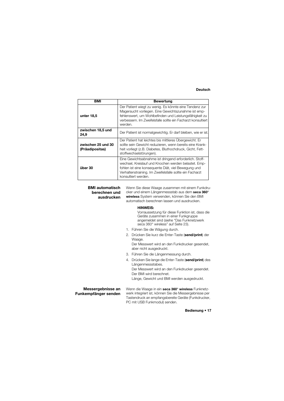 Bmi automatisch berechnen und ausdrucken, Messergebnisse an funkempfänger senden | Seca 704 User Manual | Page 17 / 443