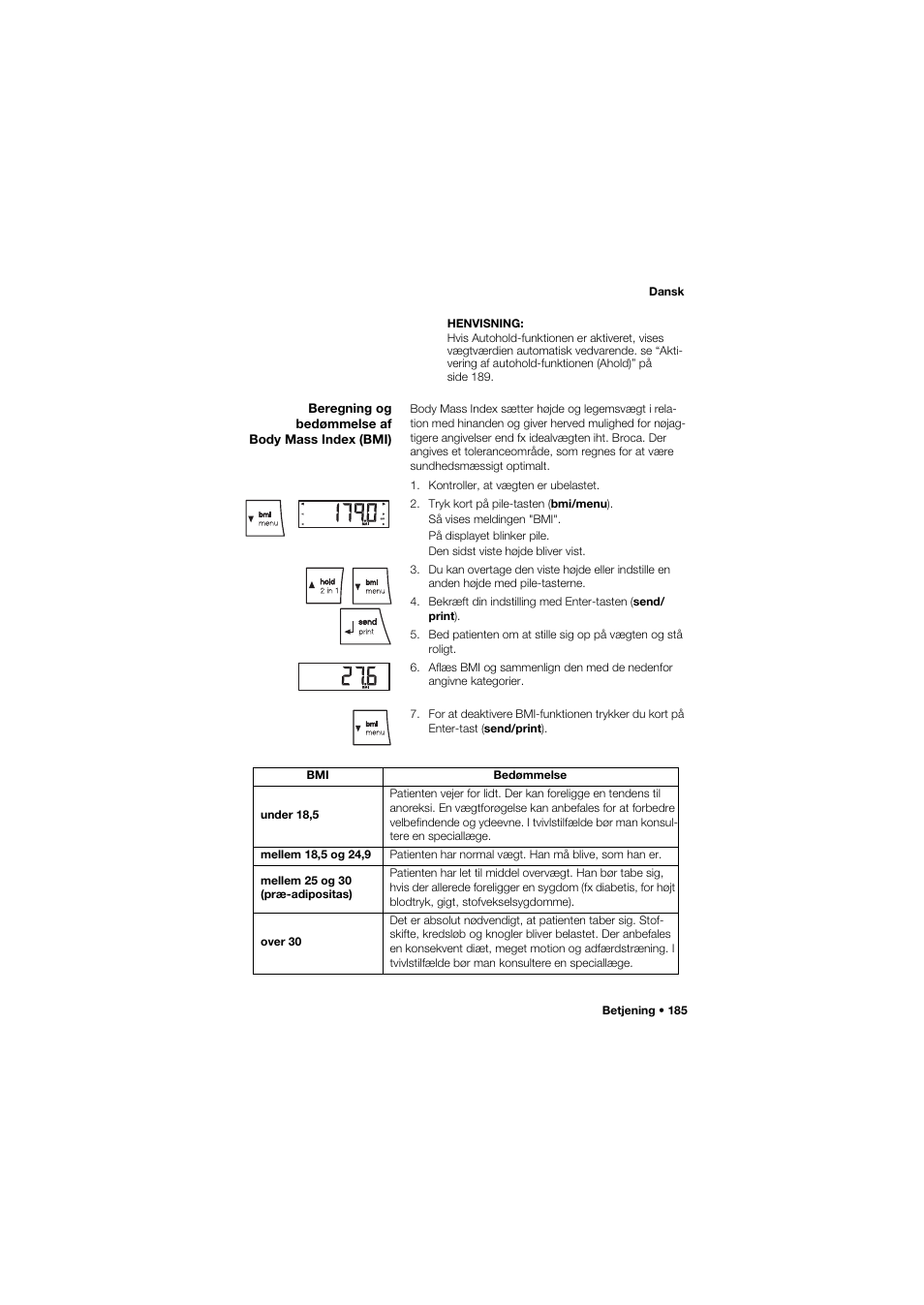 Beregning og bedømmelse af body mass index (bmi) | Seca 704 User Manual | Page 185 / 443