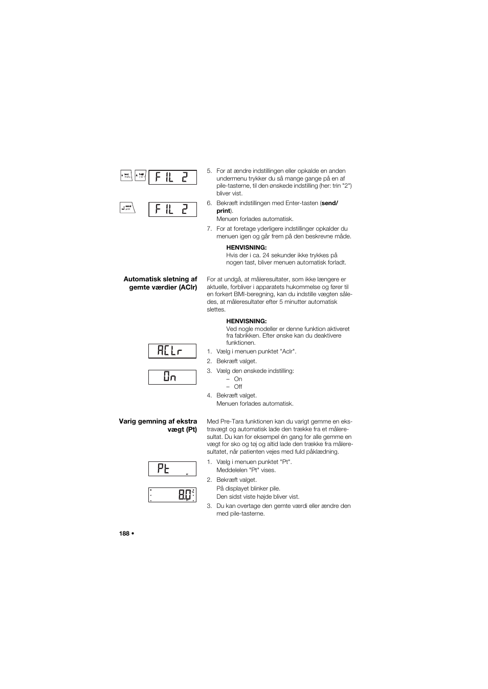 Automatisk sletning af gemte værdier (aclr), Varig gemning af ekstra vægt (pt) | Seca 704 User Manual | Page 188 / 443