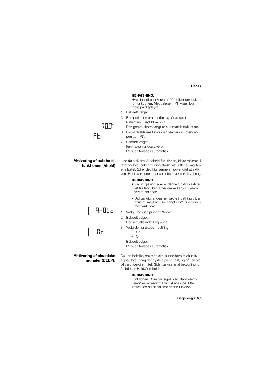 Aktivering af autohold- funktionen (ahold), Aktivering af akustiske signaler (beep), 189 aktivering af akustiske signaler (beep) | Seca 704 User Manual | Page 189 / 443