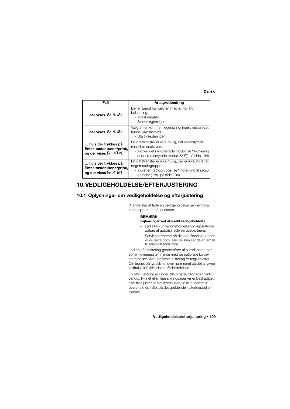 Vedligeholdelse/efterjustering, 1 oplysninger om vedligeholdelse og efterjustering, 1 oplysninger om vedligeholdelse | Og efterjustering | Seca 704 User Manual | Page 199 / 443