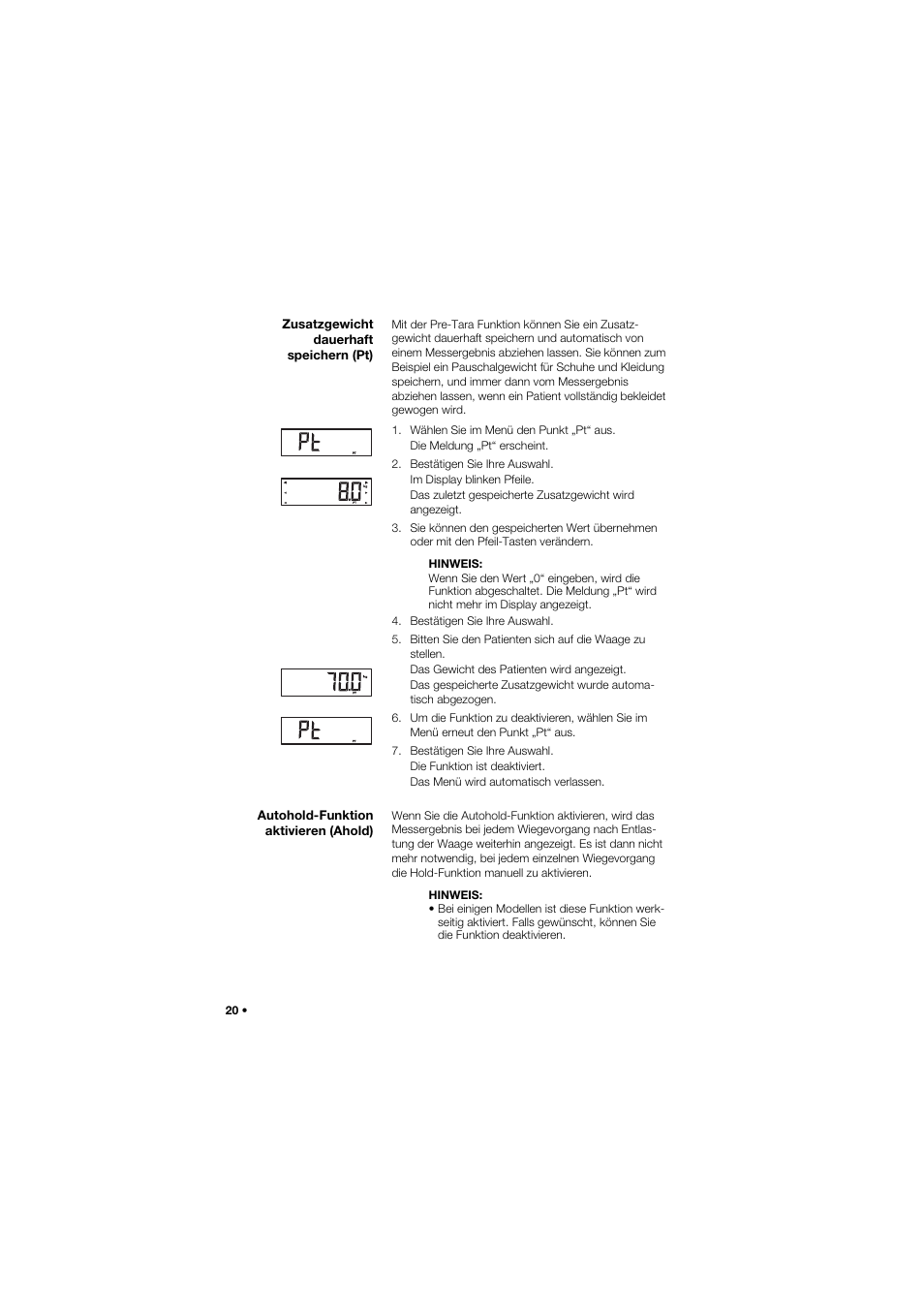 Zusatzgewicht dauerhaft speichern (pt), Autohold-funktion aktivieren (ahold), 20 autohold-funktion aktivieren (ahold) | Seca 704 User Manual | Page 20 / 443