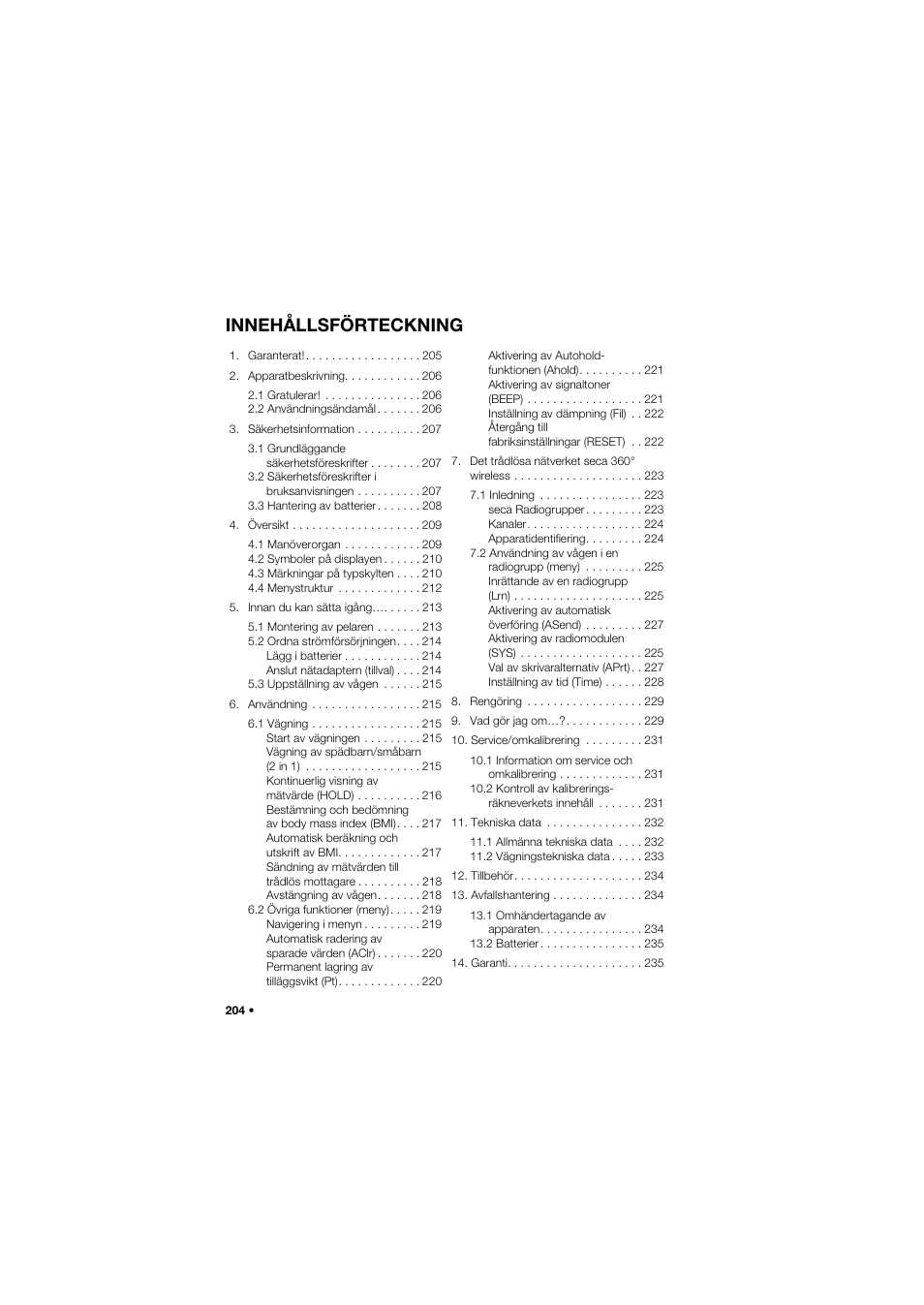 Svenska, Innehållsförteckning | Seca 704 User Manual | Page 204 / 443