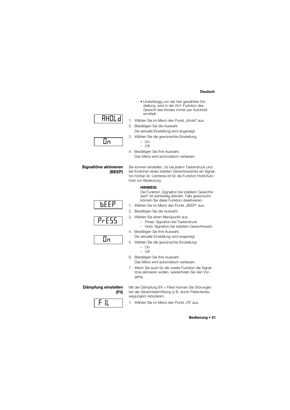 Signaltöne aktivieren (beep), Dämpfung einstellen (fil), 21 dämpfung einstellen (fil) | Seca 704 User Manual | Page 21 / 443