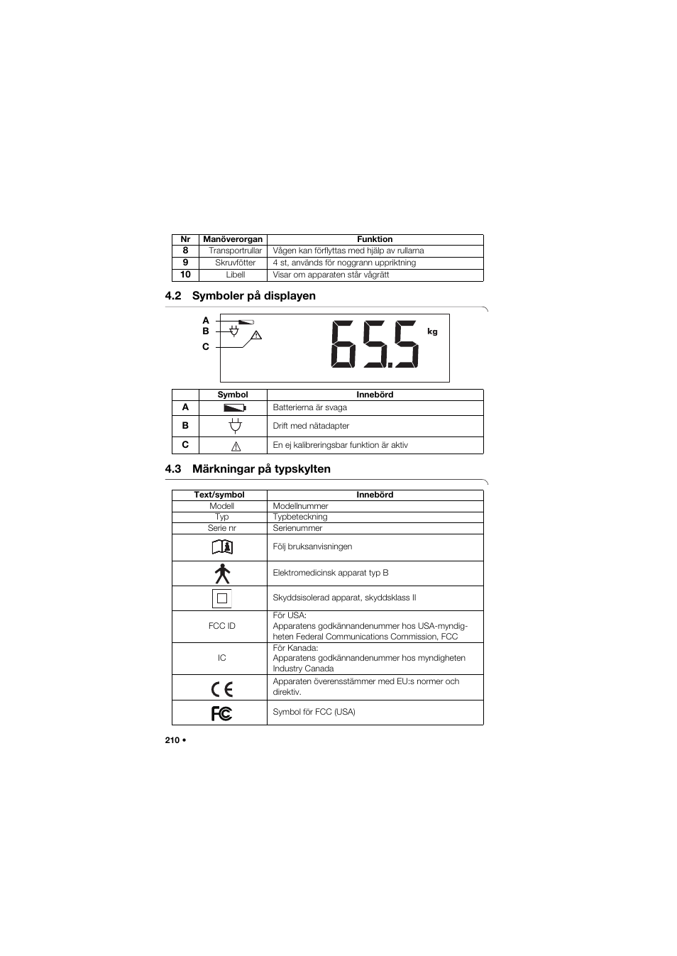 2 symboler på displayen, 3 märkningar på typskylten, 210 4.3 märkningar på typskylten | Seca 704 User Manual | Page 210 / 443