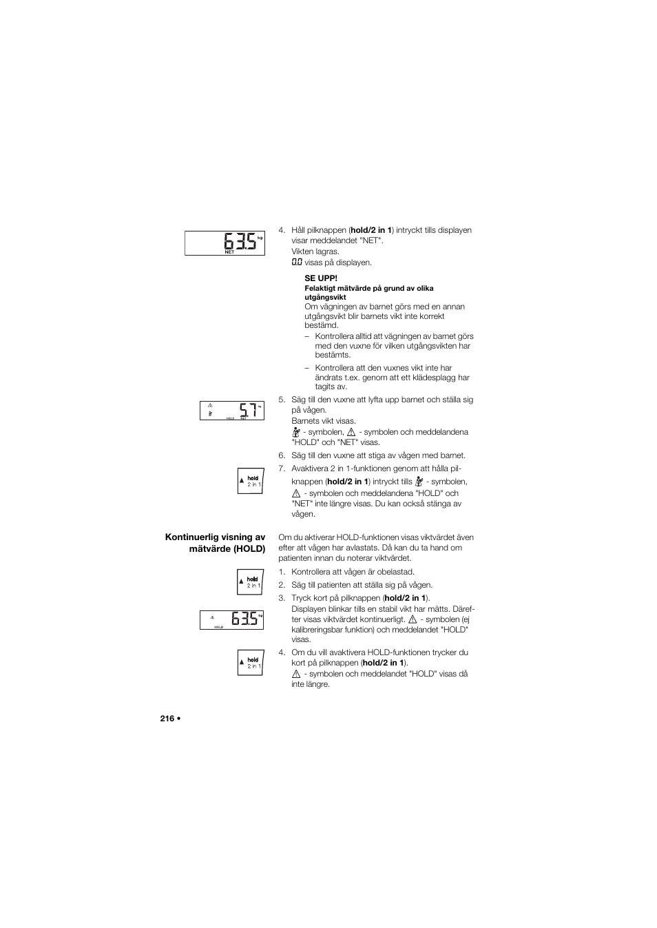 Kontinuerlig visning av mätvärde (hold) | Seca 704 User Manual | Page 216 / 443