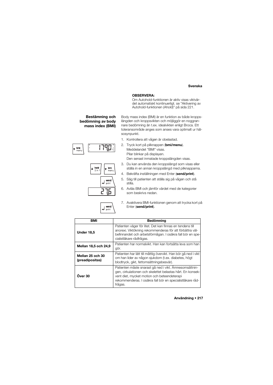 Bestämning och bedömning av body mass index (bmi) | Seca 704 User Manual | Page 217 / 443