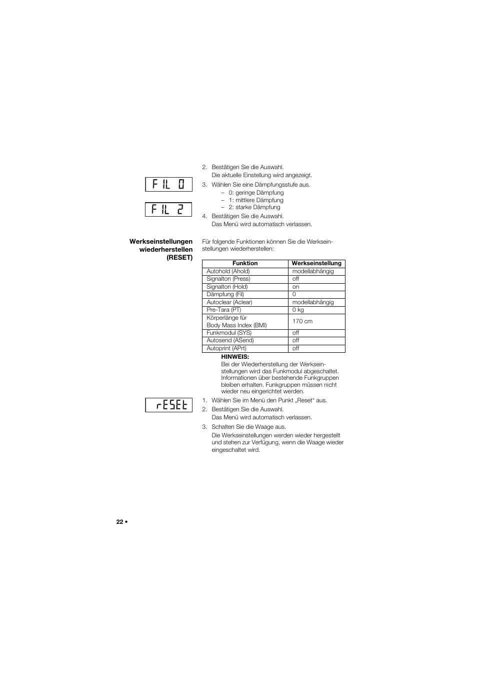 Werkseinstellungen wiederherstellen (reset) | Seca 704 User Manual | Page 22 / 443