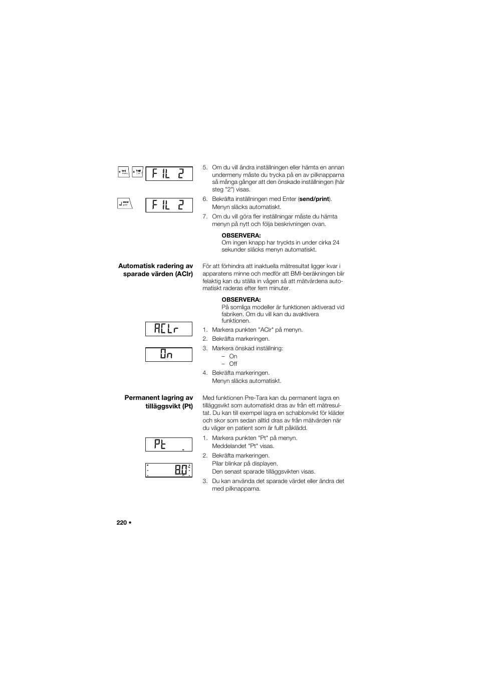 Automatisk radering av sparade värden (aclr), Permanent lagring av tilläggsvikt (pt), 220 permanent lagring av tilläggsvikt (pt) | Seca 704 User Manual | Page 220 / 443