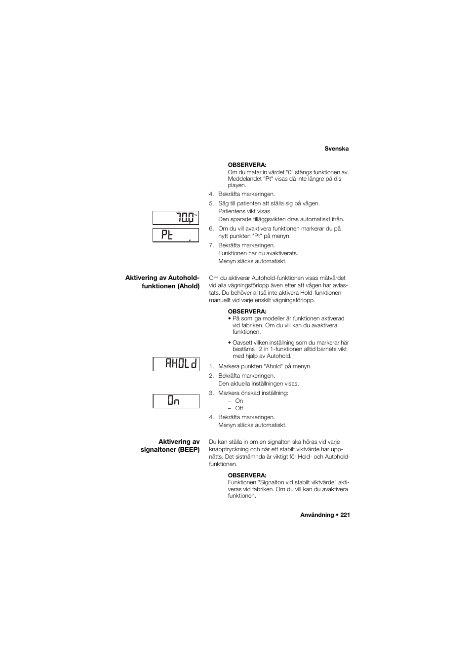 Aktivering av autohold- funktionen (ahold), Aktivering av signaltoner (beep) | Seca 704 User Manual | Page 221 / 443