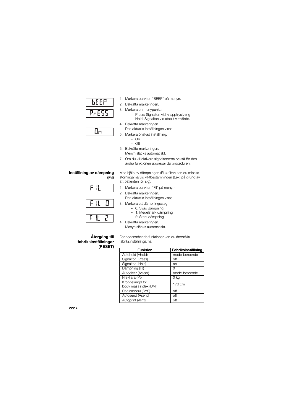 Inställning av dämpning (fil), Återgång till fabriksinställningar (reset) | Seca 704 User Manual | Page 222 / 443