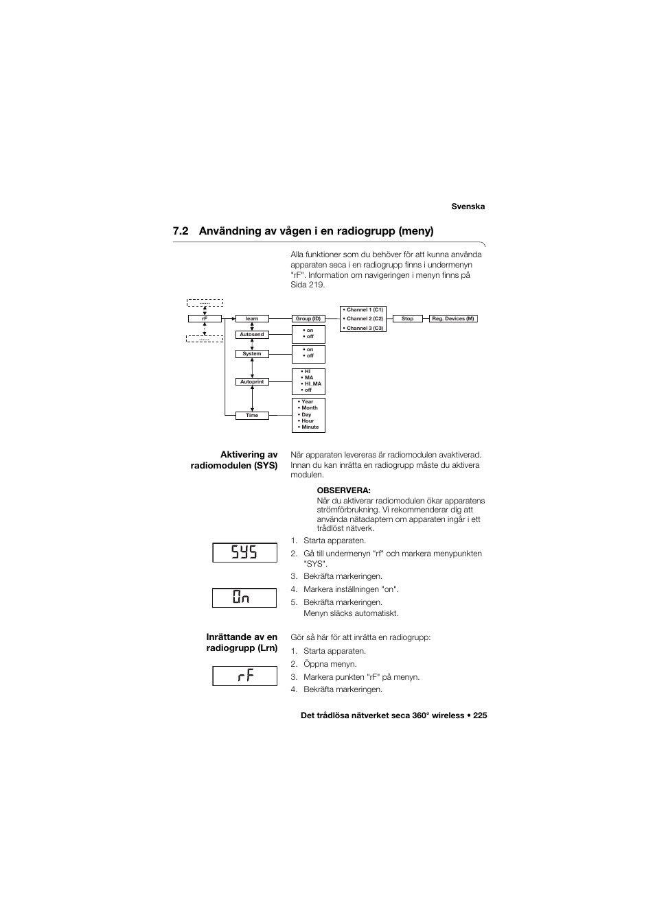 2 användning av vågen i en radiogrupp (meny), Aktivering av radiomodulen (sys), Inrättande av en radiogrupp (lrn) | 2 användning av vågen i en, Radiogrupp (meny) | Seca 704 User Manual | Page 225 / 443