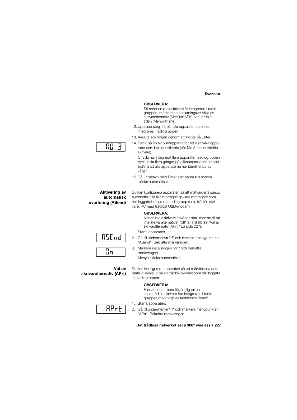 Aktivering av automatisk överföring (asend), Val av skrivaralternativ (aprt) | Seca 704 User Manual | Page 227 / 443