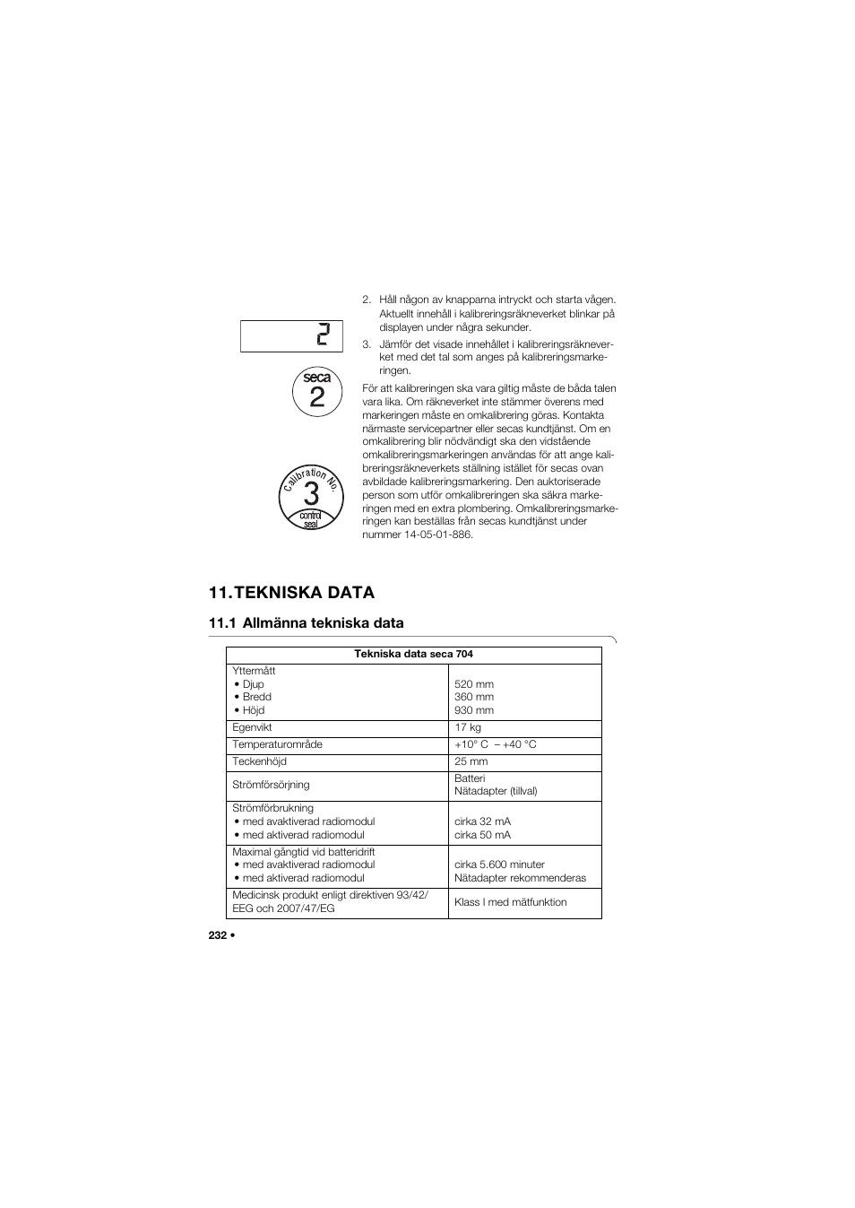 Tekniska data, 1 allmänna tekniska data | Seca 704 User Manual | Page 232 / 443