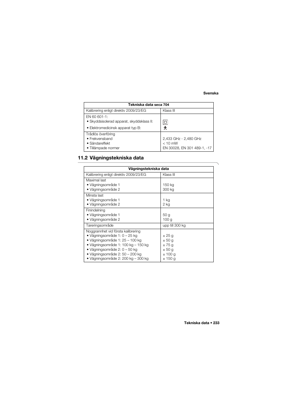 2 vägningstekniska data | Seca 704 User Manual | Page 233 / 443