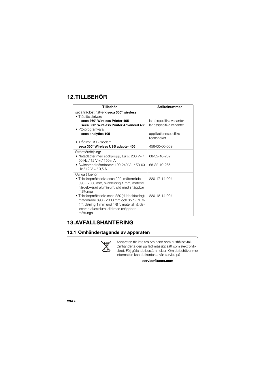 Tillbehör, Avfallshantering, 1 omhändertagande av apparaten | Tillbehör 13.avfallshantering | Seca 704 User Manual | Page 234 / 443