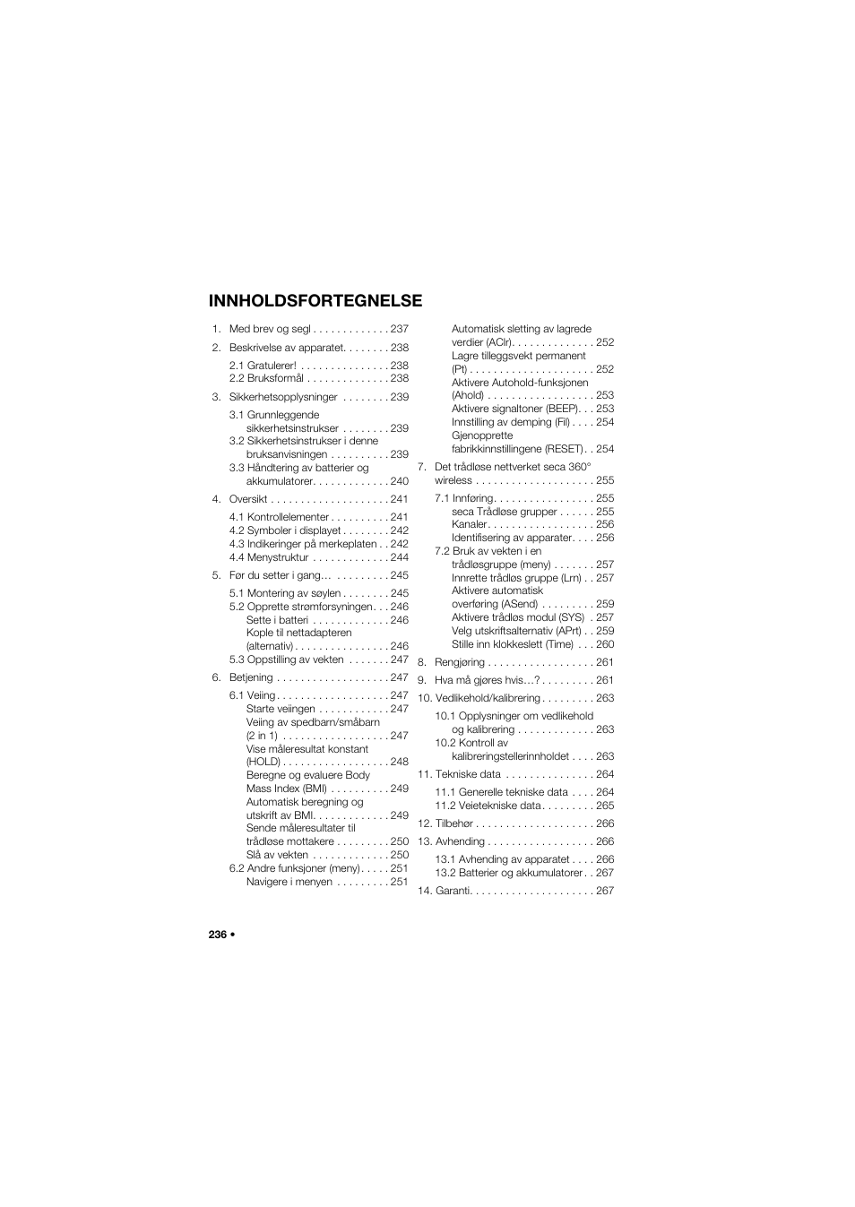 Norsk, Innholdsfortegnelse | Seca 704 User Manual | Page 236 / 443