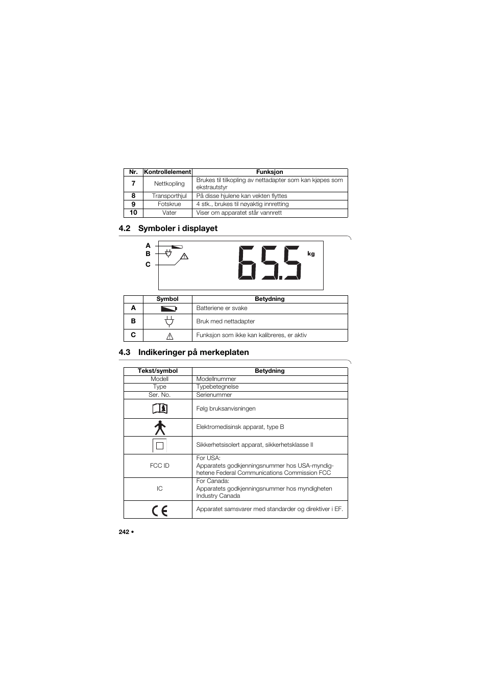 2 symboler i displayet, 3 indikeringer på merkeplaten, 242 4.3 indikeringer på merkeplaten | Seca 704 User Manual | Page 242 / 443