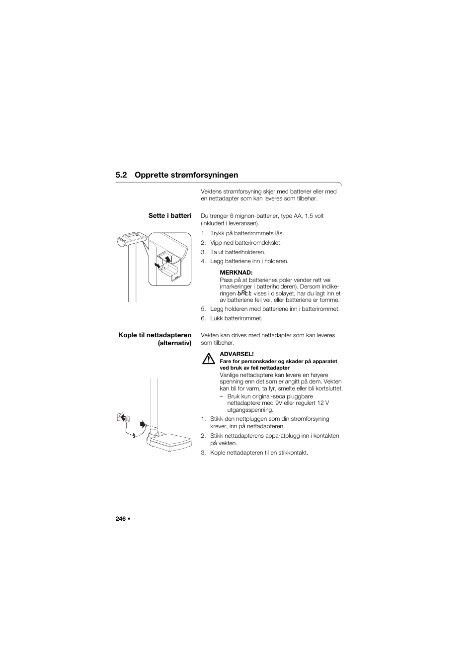 2 opprette strømforsyningen, Sette i batteri, Kople til nettadapteren (alternativ) | Seca 704 User Manual | Page 246 / 443