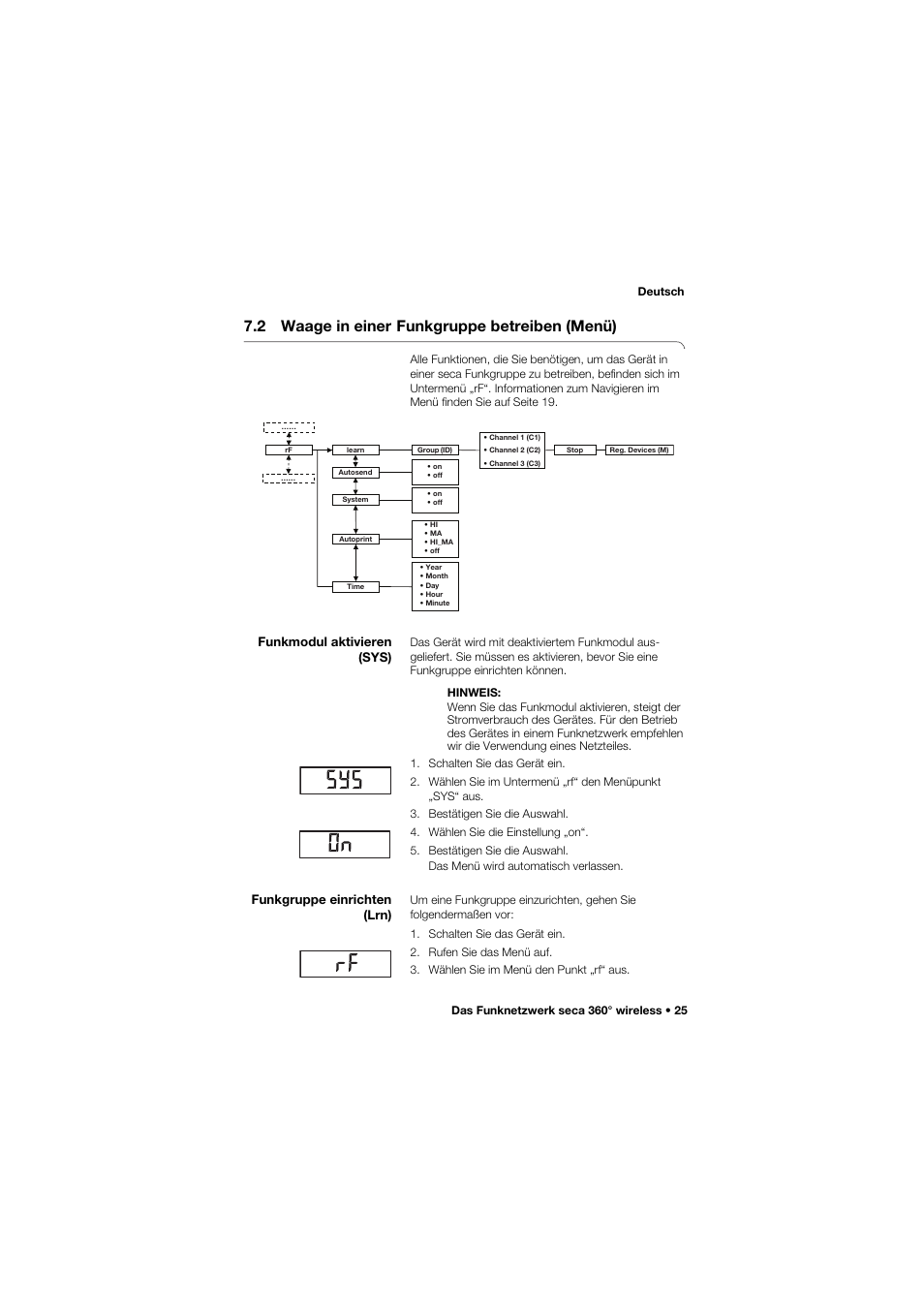 2 waage in einer funkgruppe betreiben (menü), Funkmodul aktivieren (sys), Funkgruppe einrichten (lrn) | 2 waage in einer funkgruppe, Betreiben (menü), 25 funkgruppe einrichten (lrn), 2 waage in einer, Funkgruppe betreiben (menü) | Seca 704 User Manual | Page 25 / 443