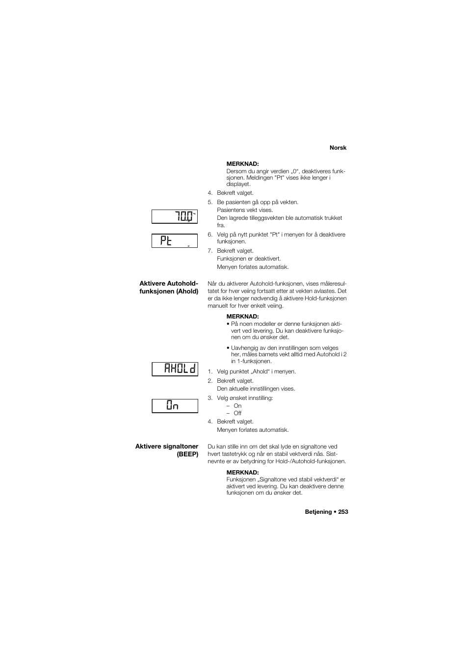 Aktivere autohold- funksjonen (ahold), Aktivere signaltoner (beep), Aktivere autohold-funksjonen (ahold) | 253 aktivere signaltoner (beep) | Seca 704 User Manual | Page 253 / 443