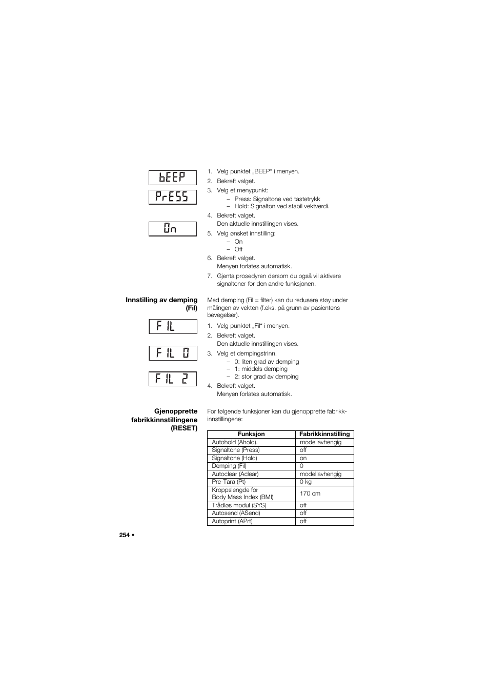 Innstilling av demping (fil), Gjenopprette fabrikkinnstillingene (reset) | Seca 704 User Manual | Page 254 / 443