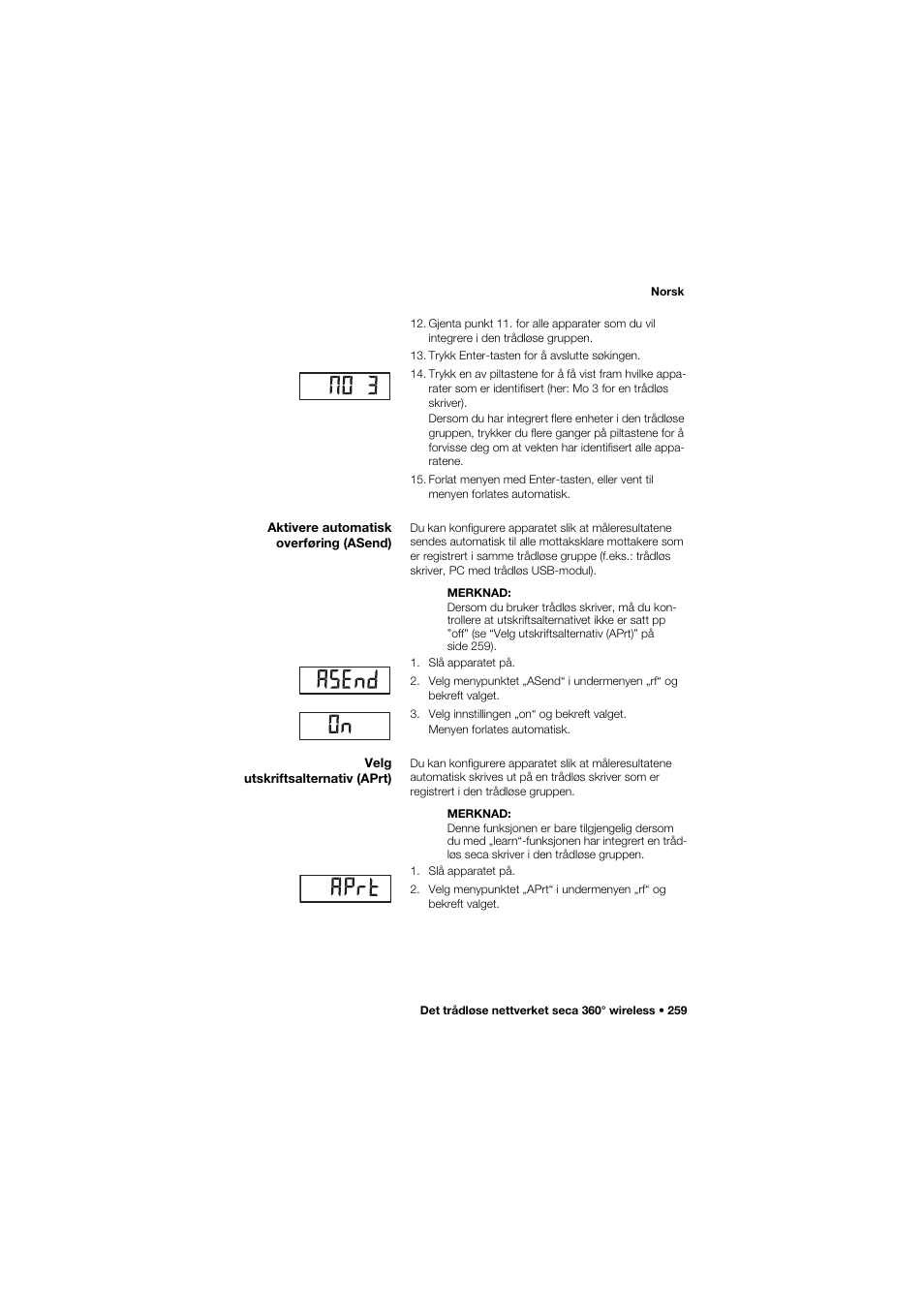 Aktivere automatisk overføring (asend), Velg utskriftsalternativ (aprt) | Seca 704 User Manual | Page 259 / 443