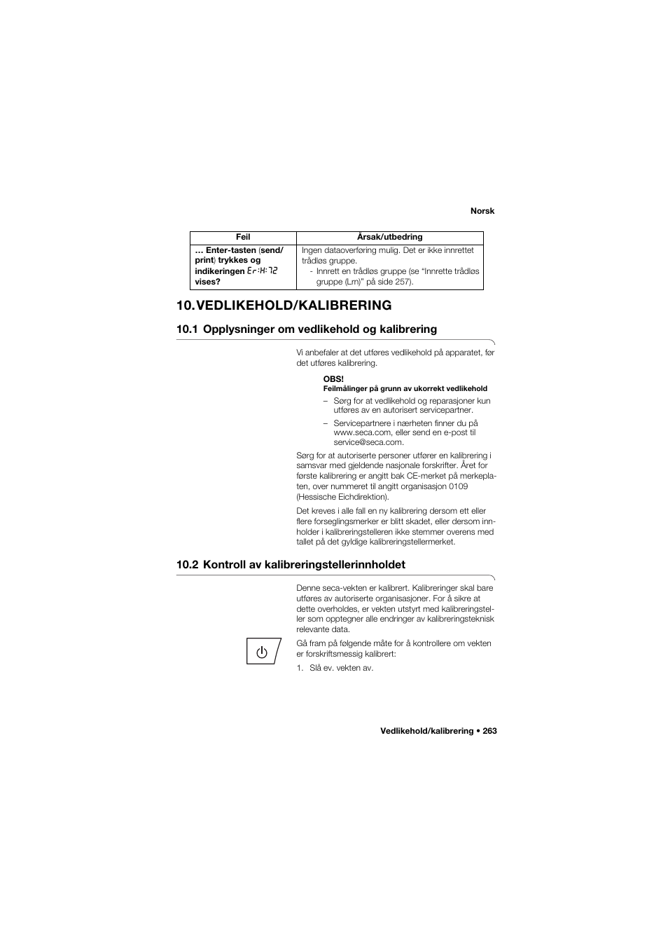 Vedlikehold/kalibrering, 1 opplysninger om vedlikehold og kalibrering, 2 kontroll av kalibreringstellerinnholdet | 1 opplysninger om vedlikehold, Og kalibrering, 2 kontroll av, Kalibreringstellerinnholdet | Seca 704 User Manual | Page 263 / 443