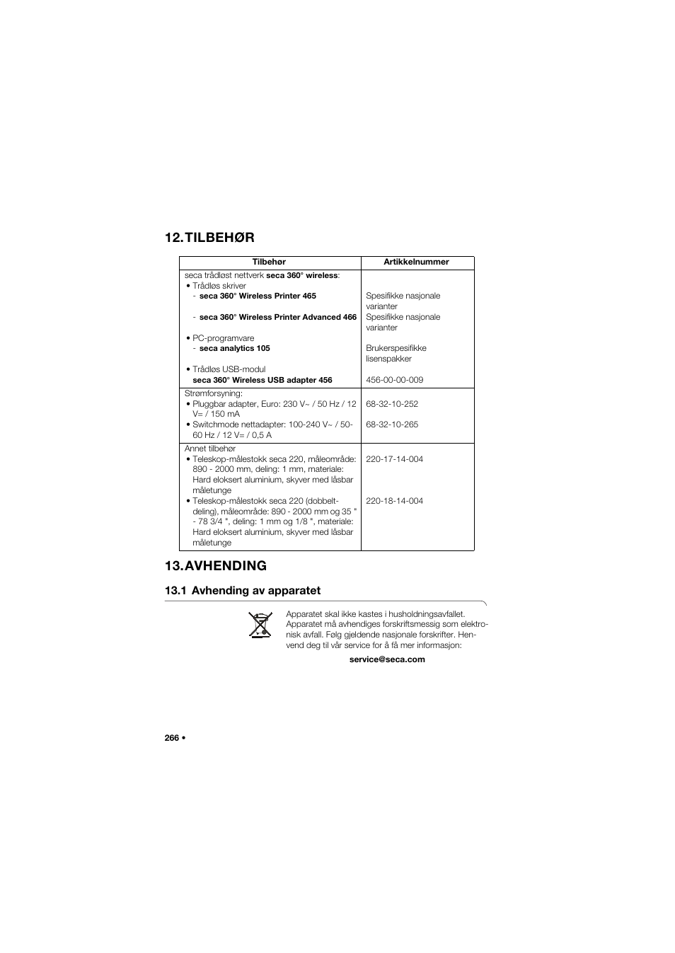 Tilbehør, Avhending, 1 avhending av apparatet | Tilbehør 13.avhending | Seca 704 User Manual | Page 266 / 443