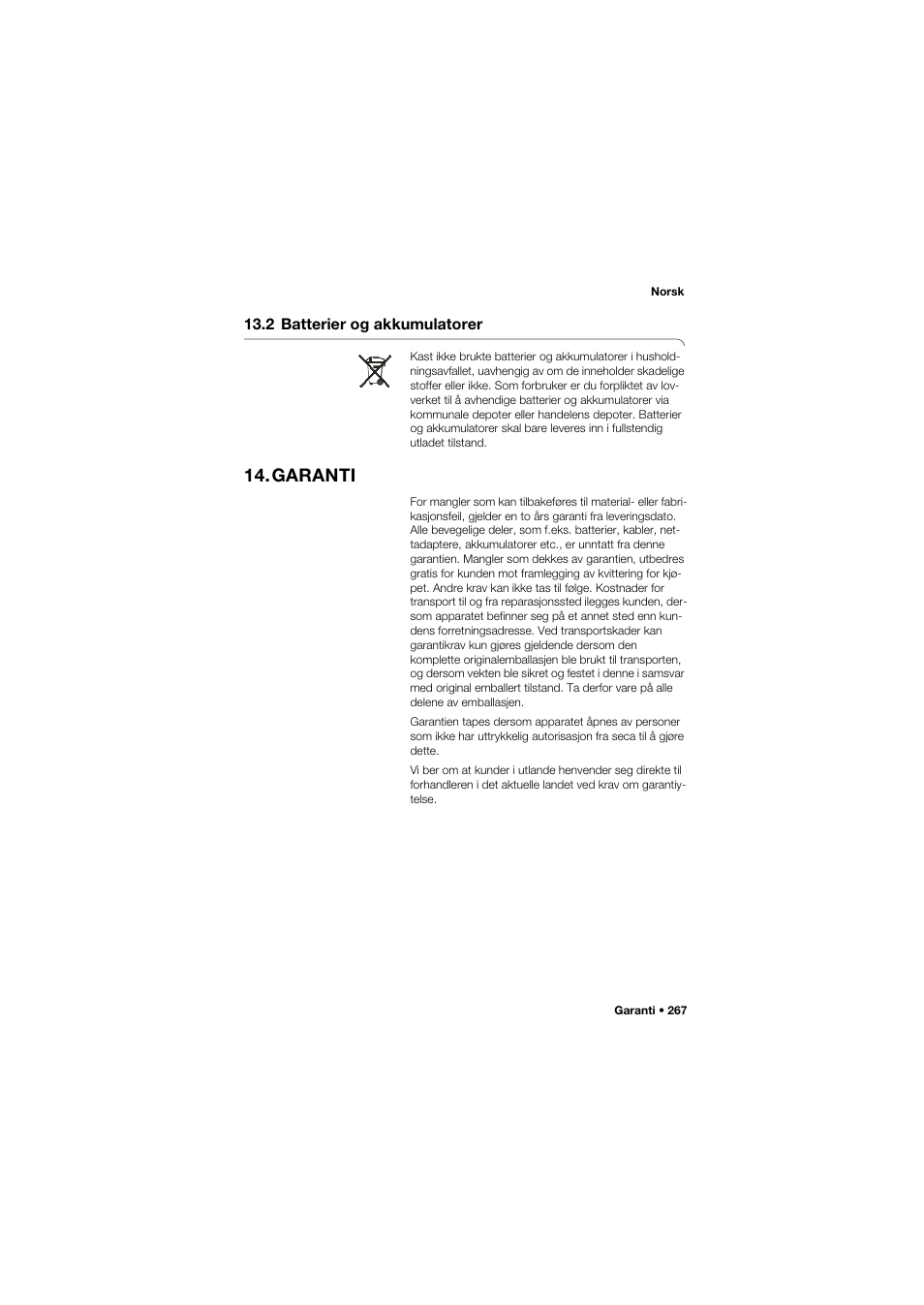 2 batterier og akkumulatorer, Garanti | Seca 704 User Manual | Page 267 / 443