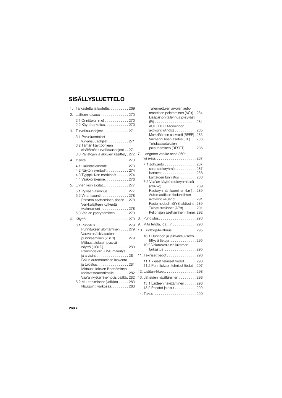 Suomi, Sisällysluettelo | Seca 704 User Manual | Page 268 / 443